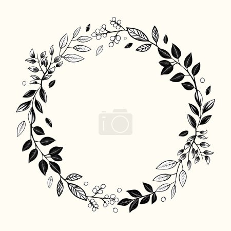 Illustration for Botanical monochrome frame with leaves and berries for invitations, posters and wedding. Vector floral wreath - Royalty Free Image
