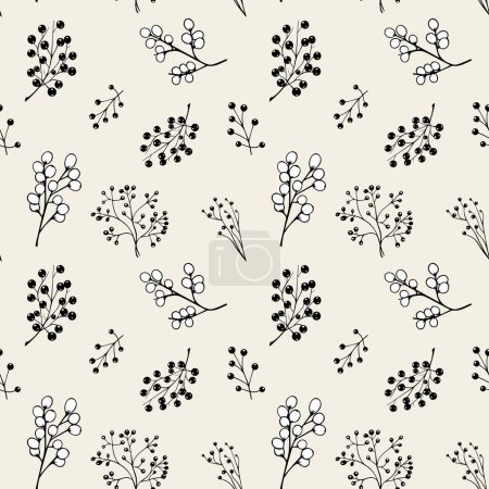 Illustration for Monochrome floral background. Seamless pattern with leaves and berries. Hand drawn botanical wallpaper - Royalty Free Image