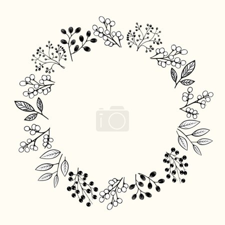 Ilustración de Marco botánico monocromo con hojas y bayas para invitaciones, carteles y bodas. Corona floral vectorial - Imagen libre de derechos