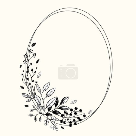 Illustration for Monochrome botanical frame with leaves and berries for invitations, posters and wedding. Vector floral border wreath - Royalty Free Image