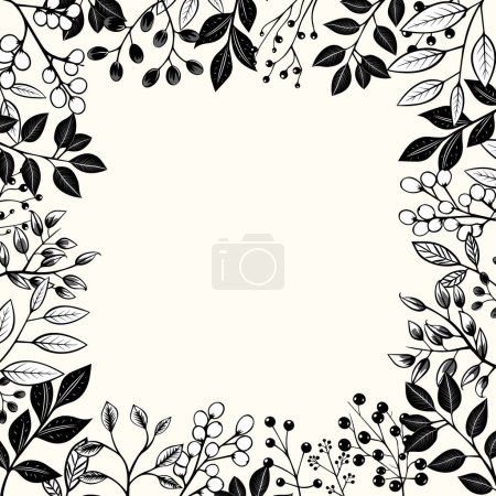 Ilustración de Borde floral vectorial. Marco botánico monocromo con hojas y bayas para invitaciones, carteles y bodas. - Imagen libre de derechos