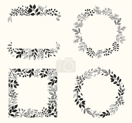 Illustration for Set of monochrome botanical frames with leaves and berries for invitations, posters and wedding. Vector floral border wreath - Royalty Free Image