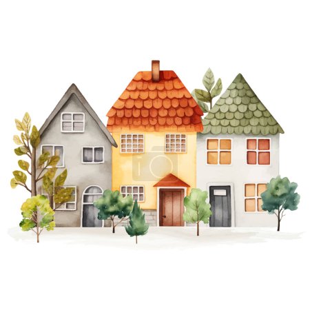 Illustration for Scandinavian houses and trees. Cute Scandi watercolor street. European building exterior. Childish vector illustration - Royalty Free Image