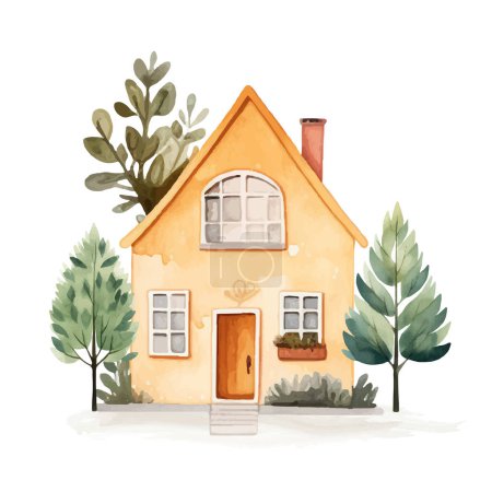 Illustration for Scandinavian house and trees. Cute Scandi watercolor home. European building exterior. Childish vector illustration - Royalty Free Image