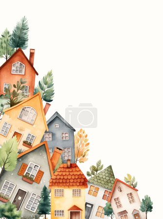 Illustration for European town, frame with houses for your design, template. Cityscape frame, scandinavian houses. - Royalty Free Image