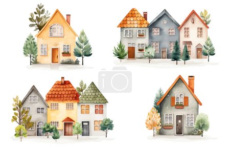 Illustration for Set of scandinavian cards houses and trees. European street. Cute scandi watercolor homes. Childish illustration - Royalty Free Image