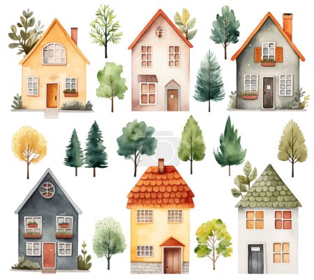 Téléchargez les illustrations : Ensemble de maisons et d'arbres scandinaves aquarelle. Mignons bâtiments enfantins isolés. Éléments vectoriels scandinaves tendance - en licence libre de droit