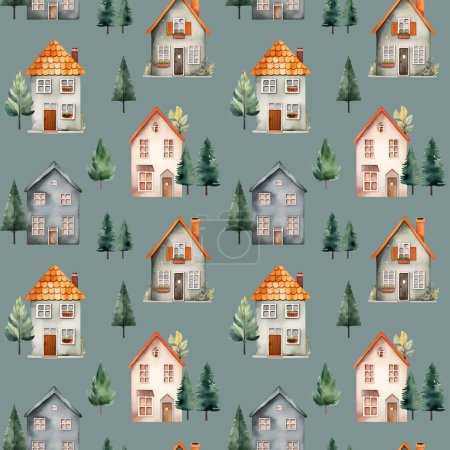 Illustration for European houses seamless pattern. Cute watercolor buildings and trees. Trendy scandi vector background - Royalty Free Image