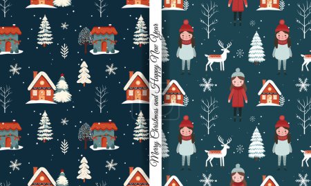 Ilustración de Conjunto de patrones sin costuras de invierno con chicas y casas lindas. Patrón de Navidad escandinavo. Fondo de invierno - Imagen libre de derechos