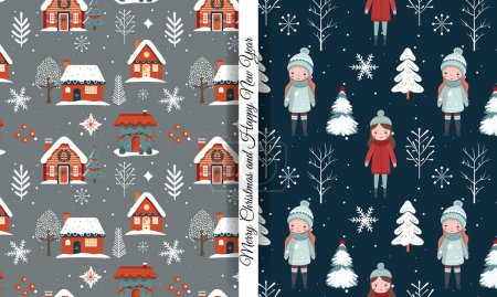 Ilustración de Conjunto de patrones sin costuras de invierno con chicas y casas lindas. Patrón de Navidad escandinavo. Fondo de invierno - Imagen libre de derechos