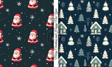 Illustration for Set of winter seamless patterns with cute girls and houses. Scandinavian Christmas pattern. Winter background - Royalty Free Image