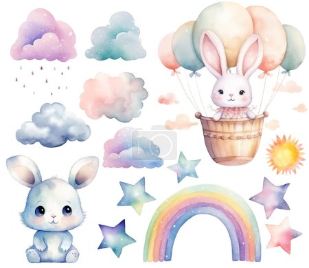 Illustration for Watercolor bunny, rabbits. Set of vector hand drawn nursery elements, clouds, rainbow, stars, wall stickers. - Royalty Free Image