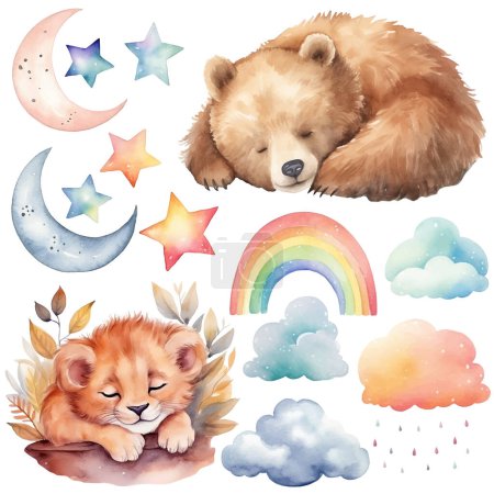 Illustration for Watercolor sleeping bear baby lion set. Vector clip art image with hand drawn nursery elements, wall stickers. - Royalty Free Image