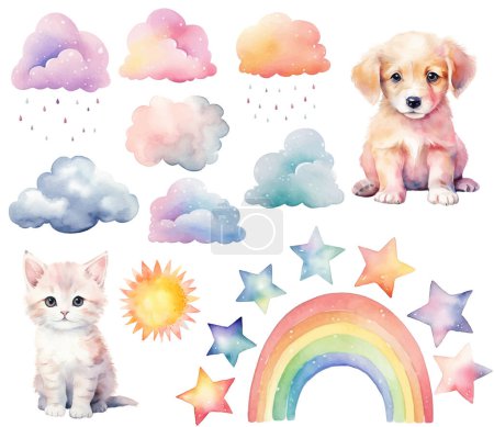 Ilustración de Acuarela cachorro, gatito. Conjunto de elementos de vivero dibujado a mano vector, nubes arco iris, estrellas, pegatinas de pared - Imagen libre de derechos