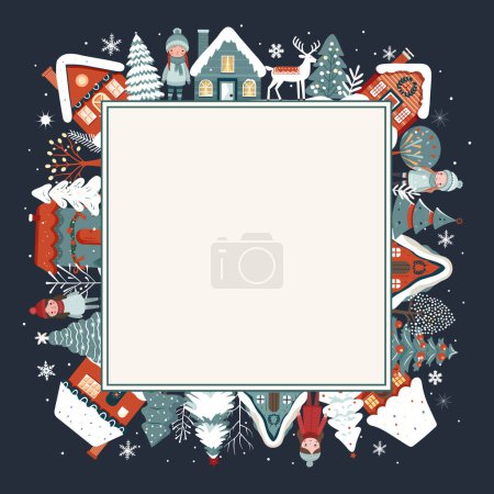Illustration for Square winter card, Christmas frame, scandi houses, girls, deer, snowy trees. New Year, winter poster, ornament - Royalty Free Image