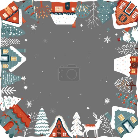 Téléchargez les illustrations : Carte d'hiver carrée, cadre de Noël avec texte, maisons scandineuses, arbres enneigés. Nouvel An, ornement d'hiver, affiche - en licence libre de droit