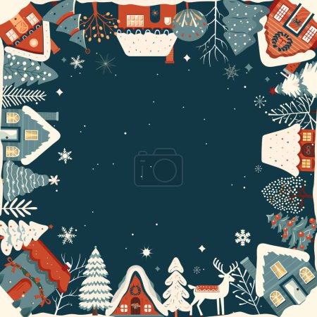Téléchargez les illustrations : Carte d'hiver carrée, cadre de Noël avec texte, maisons scandineuses, arbres enneigés. Nouvel An, ornement d'hiver, affiche - en licence libre de droit