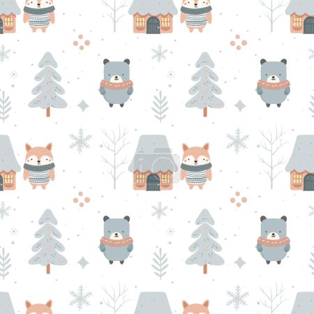 Téléchargez les illustrations : Modèle sans couture d'hiver avec des animaux de forêt mignons. Modèle scandinave de Noël. Fond d'hiver - en licence libre de droit