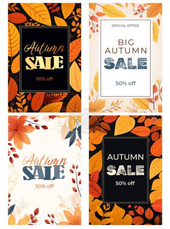 Illustration for Set of autumnal frames, backgrounds, banner. Poster with beautiful leaves. Template for advertising, social media - Royalty Free Image