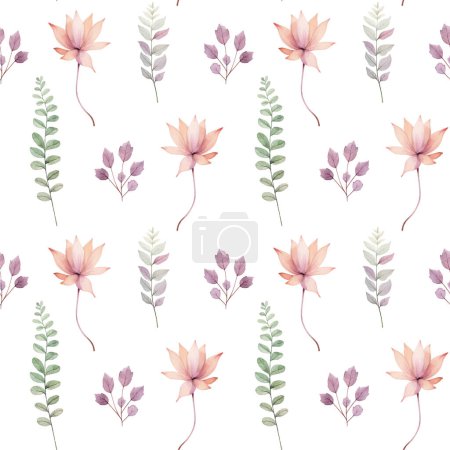 Illustration for Watercolor floral background. Seamless pattern with delicate leaves and flowers. Hand drawn botanical wallpaper - Royalty Free Image
