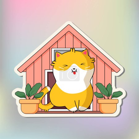 Téléchargez les illustrations : Sticker drôle de chat. Chat Kawaii mignon dans une drôle de pose. Sticker dessin animé chat design. Adorable animal kawaii. - en licence libre de droit