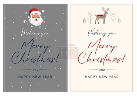 Illustration for Set of Christmas frames, poster minimalist style. New year Merry Christmas design. Simple winter card Santa Claus, deer. - Royalty Free Image