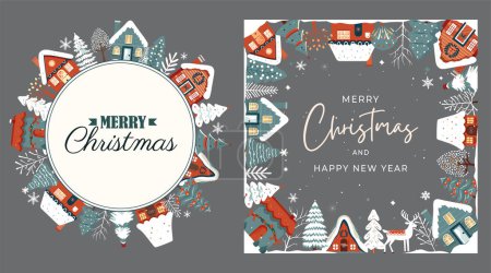 Illustration for Set winter frames, card with scandi houses, trees. Concept christmas and New Year. Winter ornament poster - Royalty Free Image