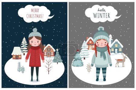 Illustration for Winter card, frame with scandi houses, trees. Concept christmas and New Year. Winter ornament poster - Royalty Free Image