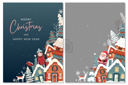Illustration for Set winter cards, frame with scandi houses, trees. Concept christmas and New Year. Winter ornament poster - Royalty Free Image