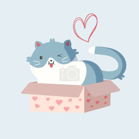 Téléchargez les illustrations : Mignon vecteur amour autocollant chat. Chat Saint-Valentin en boîte. Icône vectorielle romantique aux couleurs pastel - en licence libre de droit