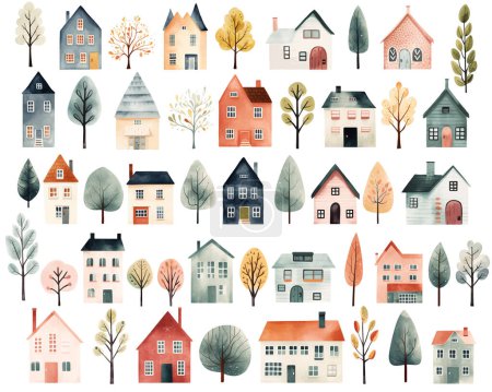 Téléchargez les illustrations : Grand ensemble d'aquarelles scandinaves arbres et maisons. Mignons bâtiments enfantins isolés. Tendance scandi vecteur fond - en licence libre de droit