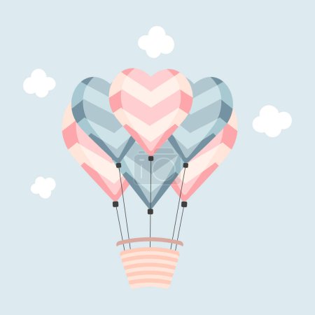 Ilustración de Lindo vector amor etiqueta. Globos de San Valentín con cesta. Icono vectorial romántico en colores pastel - Imagen libre de derechos