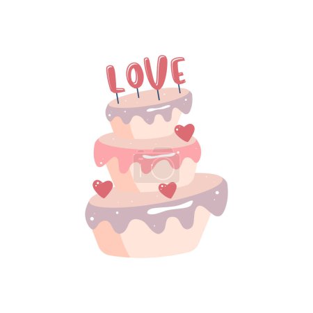 Téléchargez les illustrations : Mignon vecteur amour sticker gâteau. Gâteau de Saint-Valentin avec texte amour. Pack d'icônes vectorielles romantiques couleurs pastel - en licence libre de droit