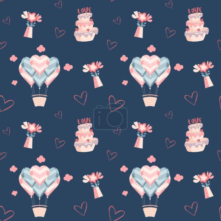 Illustration for Cute hearts balloons and love cake and flowers vector pattern. Valentine's Day background. - Royalty Free Image