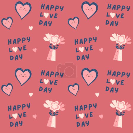 Ilustración de Lindos corazones amor cita y flores patrón vectorial. Fondo del Día de San Valentín. - Imagen libre de derechos