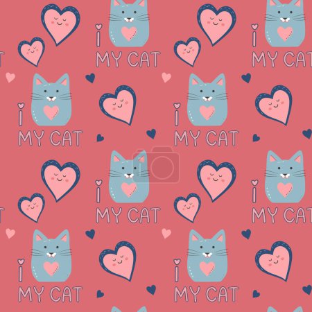 Illustration for Cute hearts, quote I love my cat vector seamless pattern. Valentine's Day background. - Royalty Free Image