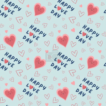 Illustration for Seamless pattern heart shapes and text Happy Love Day. Valentine's Day background. Love pattern - Royalty Free Image