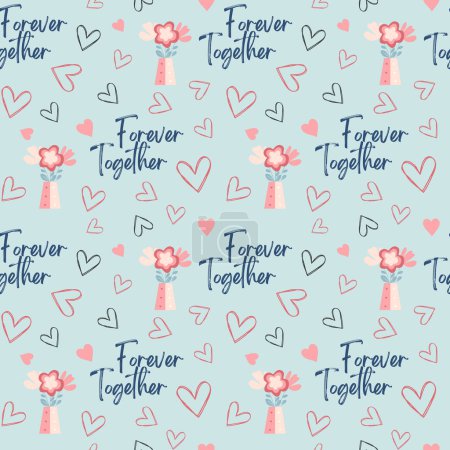 Illustration for Seamless pattern heart shapes and text Forever Together. Valentine's Day background. Flowers love pattern - Royalty Free Image