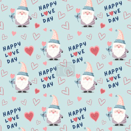 Illustration for Cute gnome with flower seamless pattern. Heart shapes and text Happy Love Day. Valentine's Day background. - Royalty Free Image