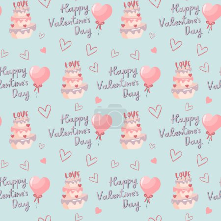 Illustration for Seamless pattern heart shapes and text Happy Valentine's Day, love cake. Valentine's Day background. - Royalty Free Image
