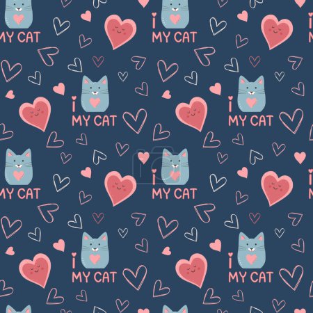 Illustration for Seamless pattern cats and hearts. Valentine's Day background. Love pattern - Royalty Free Image