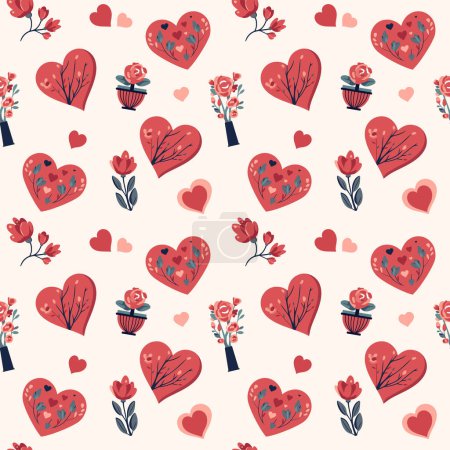 Illustration for Hearts and bouquets seamless vector background. Valentine's Day pattern. Heart shapes and romantic flowers. - Royalty Free Image