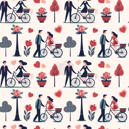 Illustration for Couple in love and bouquets seamless vector background. Valentine's Day pattern. Heart shapes and romantic flowers. - Royalty Free Image