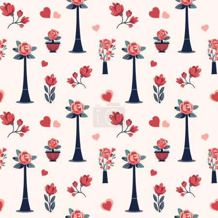 Illustration for Hearts and bouquets seamless vector background. Valentine's Day pattern. Heart shapes and romantic flowers. - Royalty Free Image