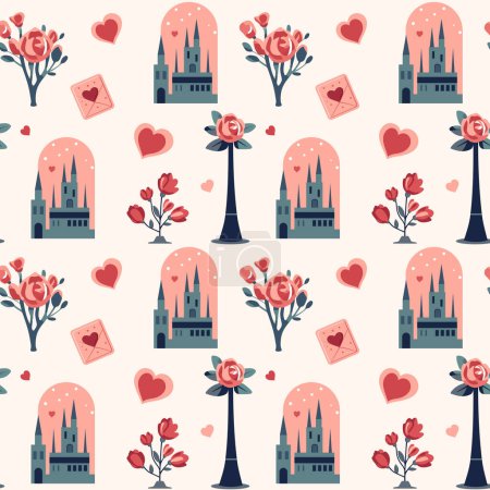 Illustration for Valentine's Day pattern. Heart shapes and romantic city. Love bouquets seamless vector background. - Royalty Free Image