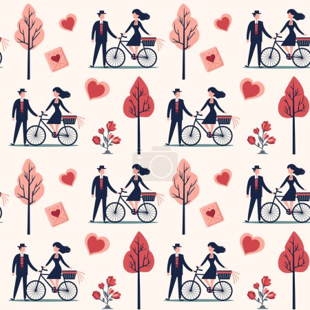 Illustration for Valentine's Day background. Heart shapes and romantic couple. Love bouquets seamless vector pattern. - Royalty Free Image