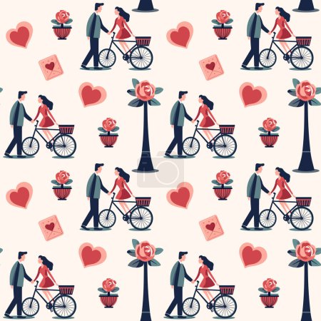 Illustration for Valentine's Day background. Heart shapes and romantic couple. Love bouquets seamless vector pattern. - Royalty Free Image