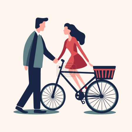 Ilustración de Romántico vector de pareja en el amor y la bicicleta. San Valentín diseño de estilo plano. Icono vectorial romántico. Estilo vintage. - Imagen libre de derechos