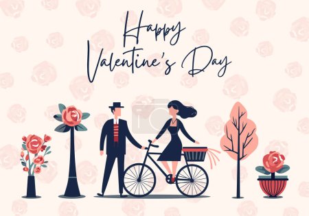 Illustration for Vector poster with romantic couple and roses. Valentine's day concept frame in flat style. Love banner or greeting card - Royalty Free Image