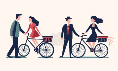 Illustration for Set of romantic vector couples in love and bike. Valentines day design flat style. Romantic vector icon. Vintage style. - Royalty Free Image
